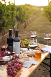 Photo of Red wine and snacks served for picnic on wooden table outdoors