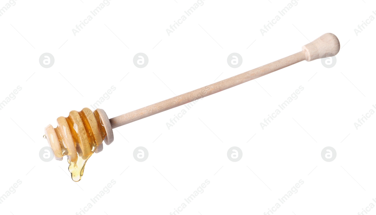 Photo of Fresh honey dripping from dipper on white background