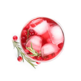 Photo of Tasty refreshing cranberry cocktail with rosemary isolated on white, top view