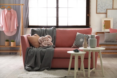 Interior of cozy living room with comfortable sofa