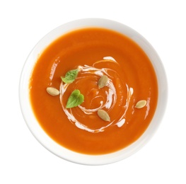 Photo of Bowl of tasty sweet potato soup isolated on white, top view