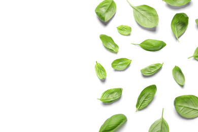 Photo of Fresh green basil leaves on white background, top view