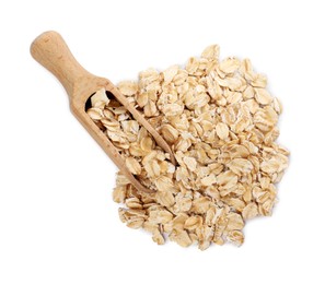 Photo of Wooden scoop with oatmeal isolated on white, top view