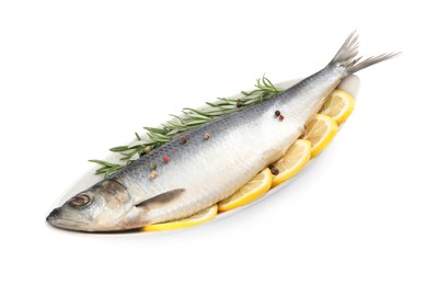 Plate with salted herring, slices of lemon, peppercorns and rosemary isolated on white
