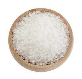 Photo of Natural salt in wooden bowl isolated on white, top view