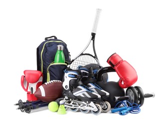 Photo of Many different sports equipment isolated on white