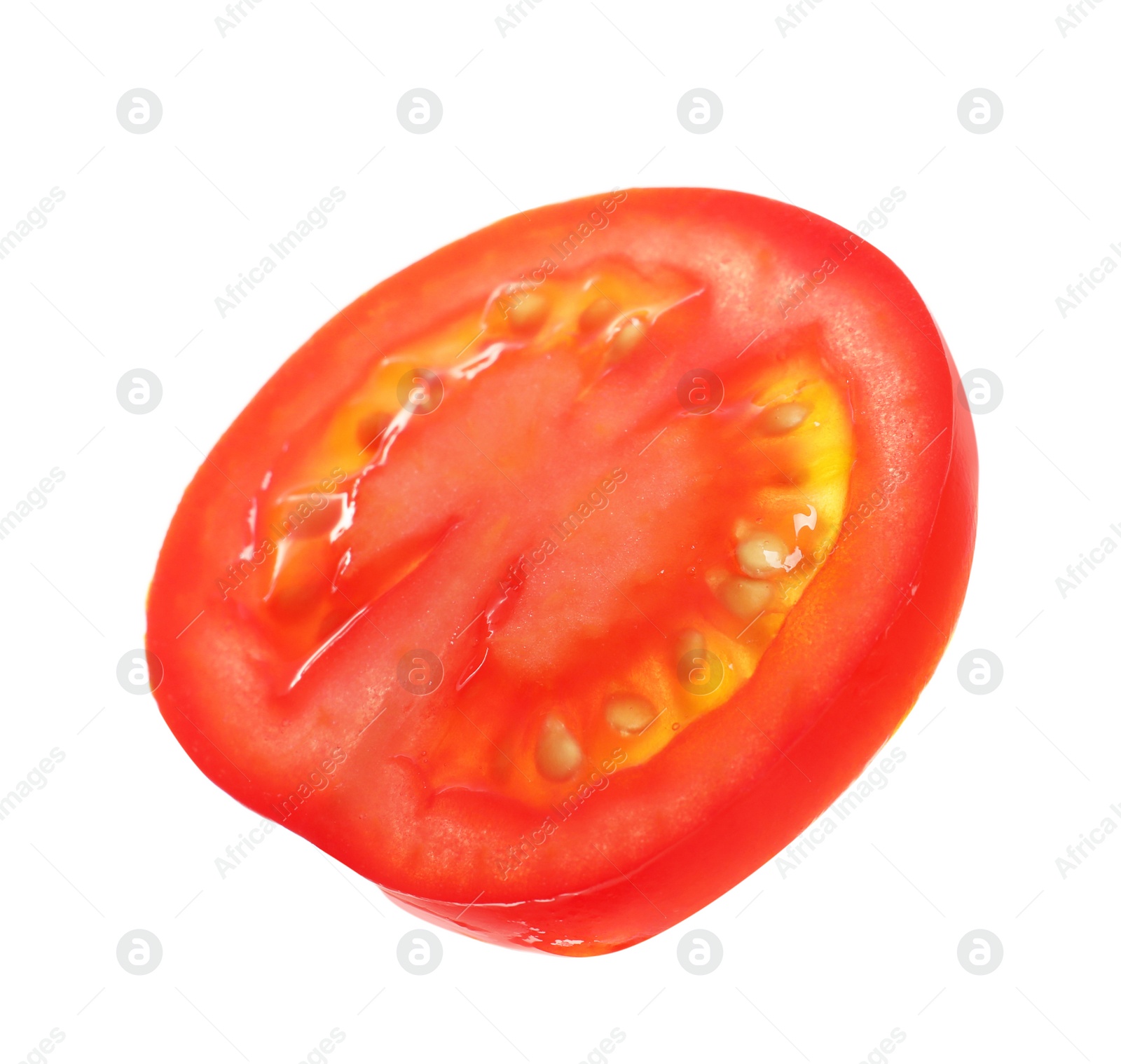 Photo of Slice of fresh cherry tomato isolated on white