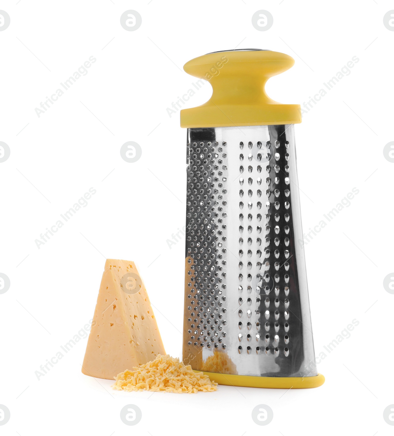 Photo of Grater and delicious cheese on white background