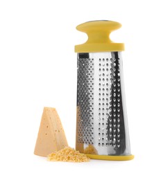 Photo of Grater and delicious cheese on white background
