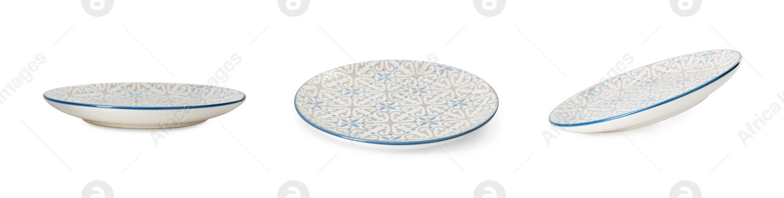 Image of Empty ceramic plate isolated on white, set with different views