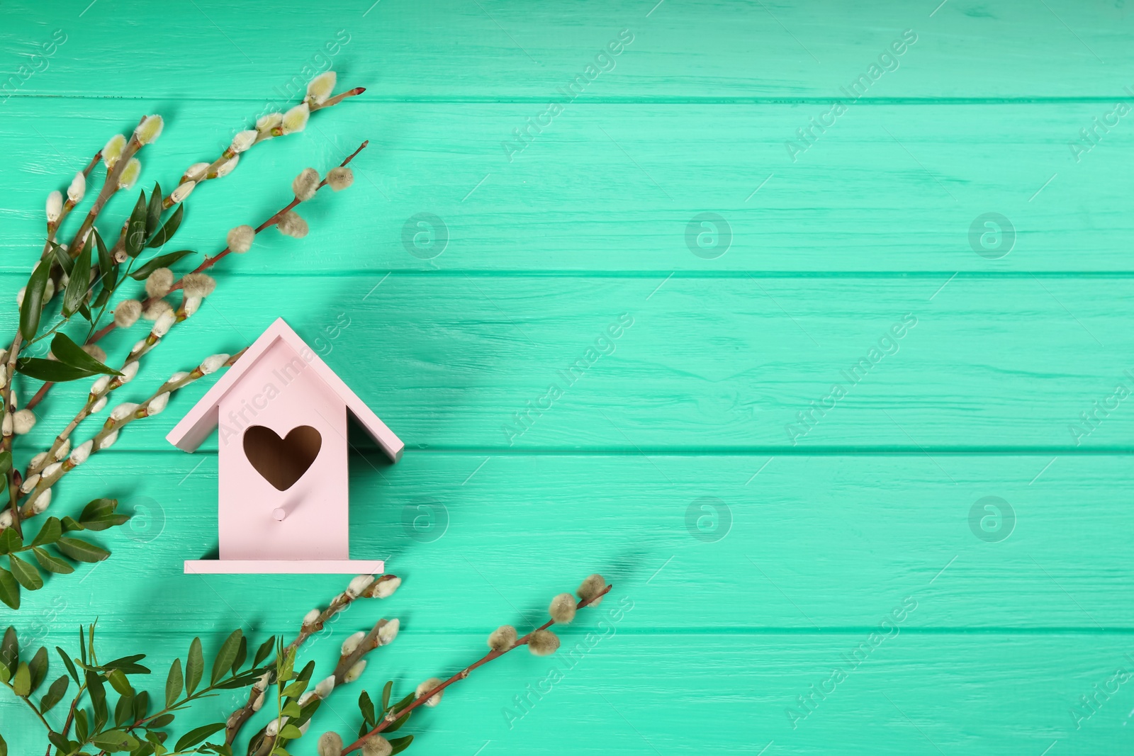 Photo of Stylish bird house and fresh pussy willow branches on turquoise wooden background, flat lay. Space for text