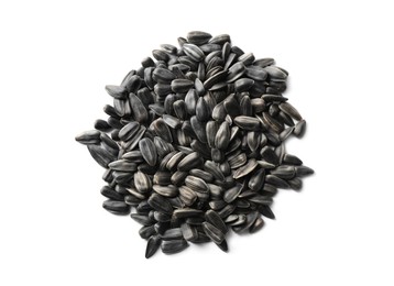 Photo of Heap of sunflower seeds isolated on white, top view