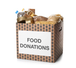 Photo of Donation box with food on white background