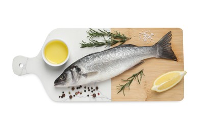 Tasty sea bass fish and ingredients isolated on white, top view