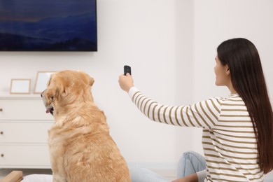 Photo of Happy woman turning on TV near cute Labrador Retriever at home, back view