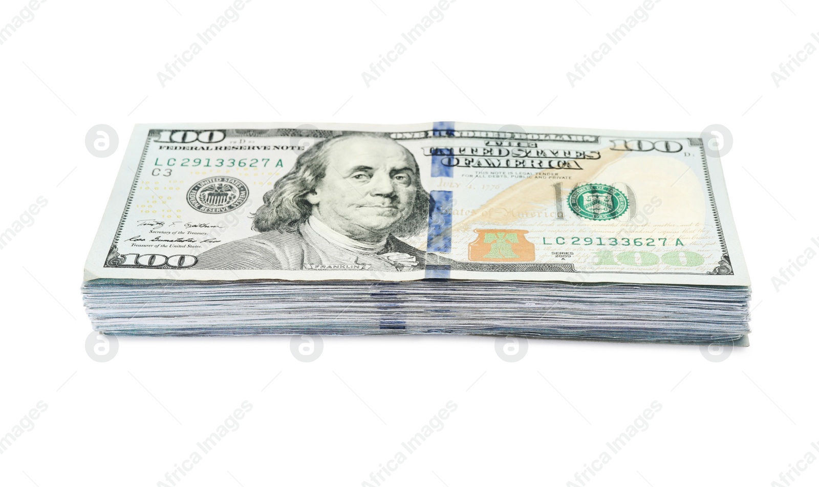 Photo of Stack of dollar banknotes on white background. American national currency