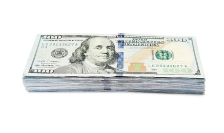 Stack of dollar banknotes on white background. American national currency