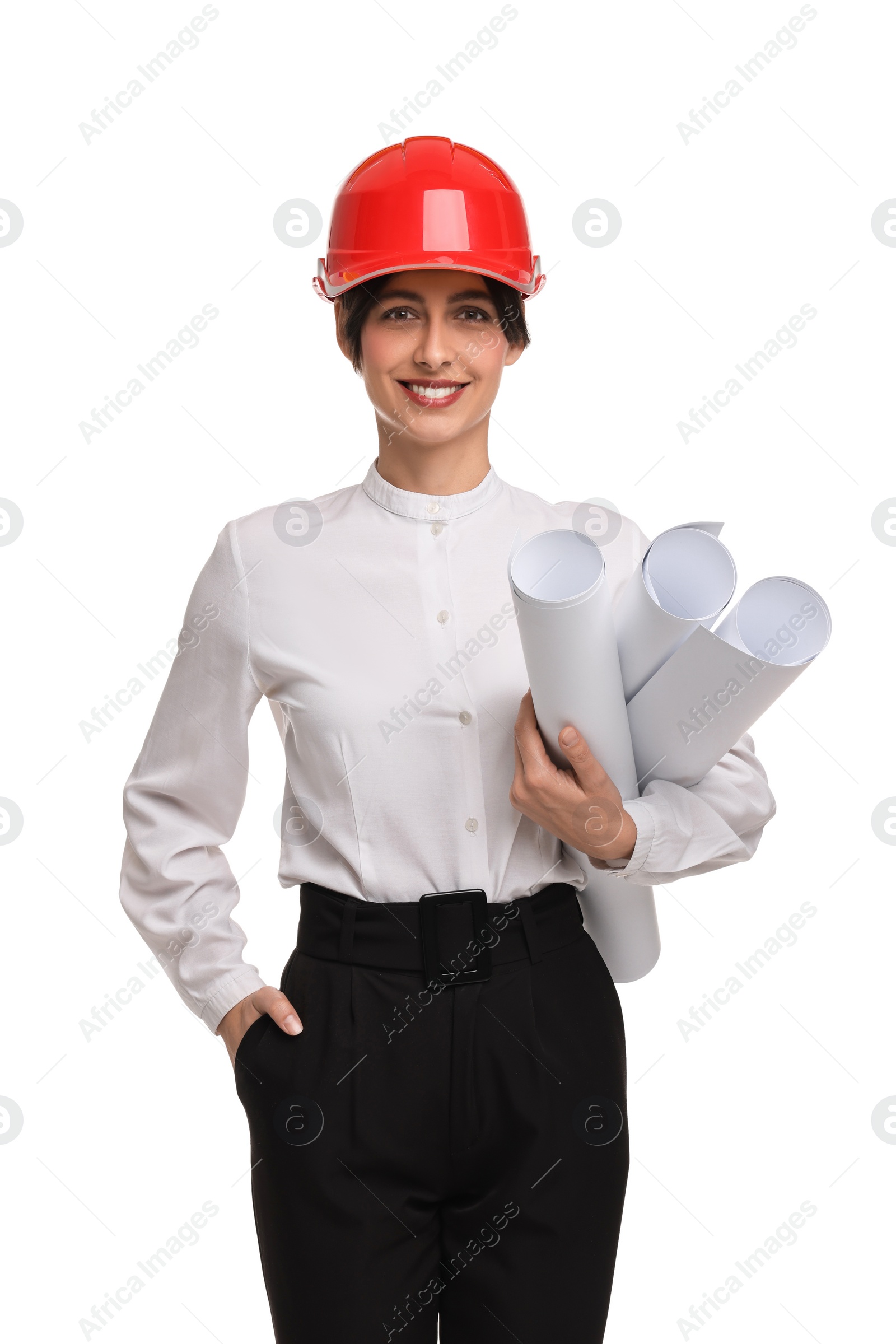 Photo of Architect with hard hat and drafts on white background