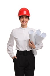 Architect with hard hat and drafts on white background