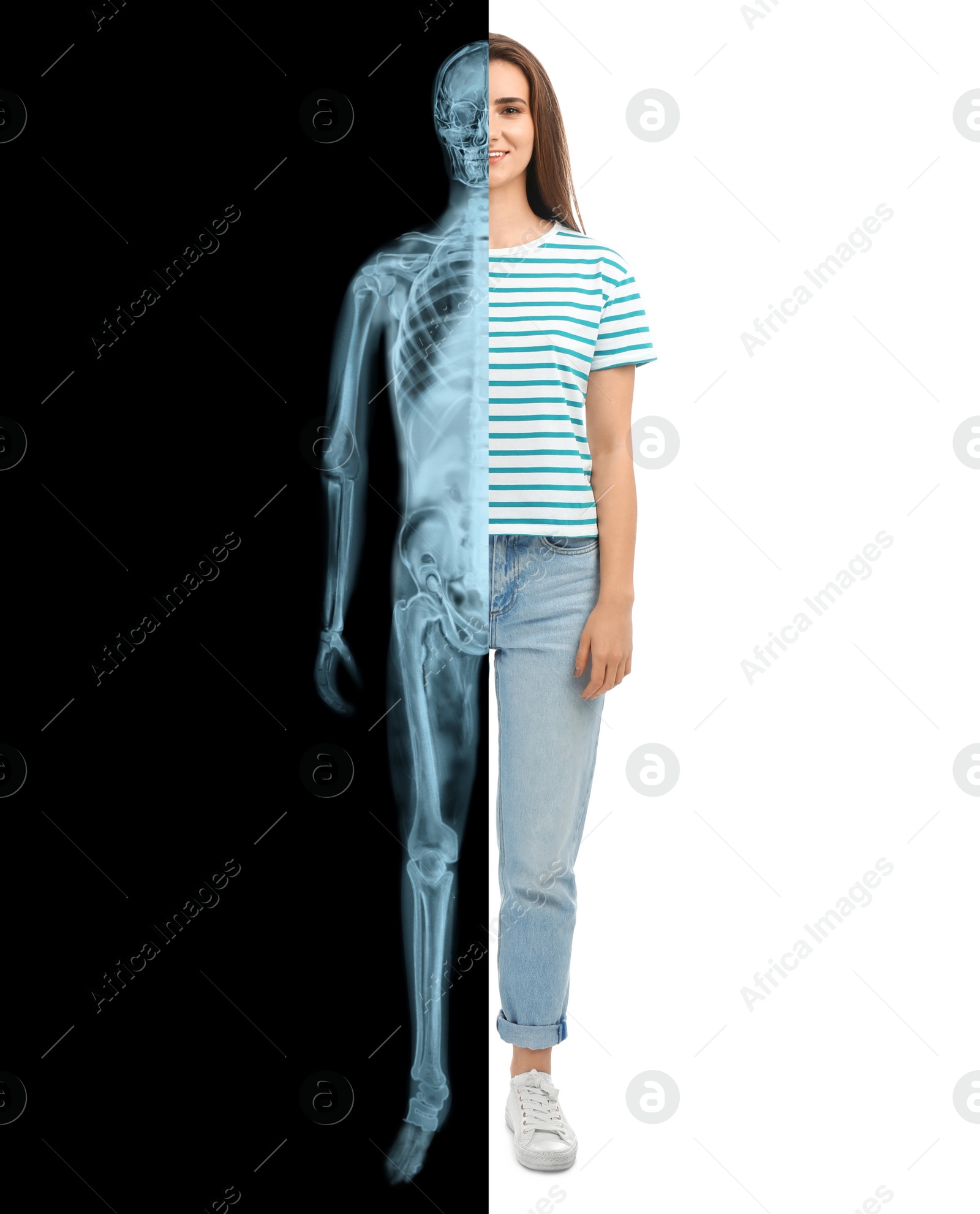 Image of Woman in casual clothes, half x-ray photograph. Medical check