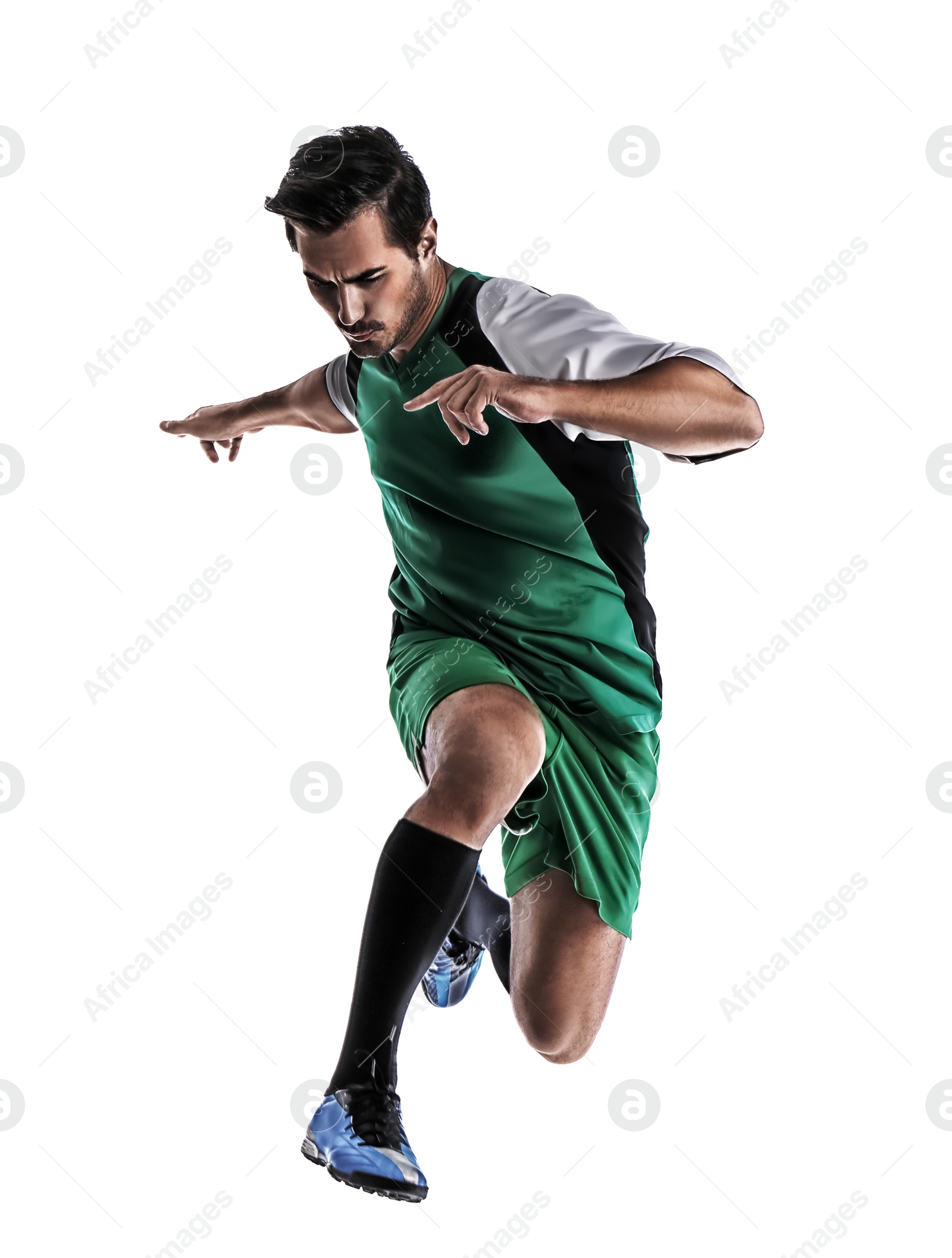 Image of Young man playing football on white background