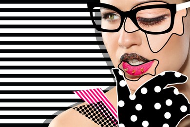 Image of Stylish creative artwork. Portrait of beautiful woman made with cut photos of different faces and geometric figures on color background. Pop art collage with space for text