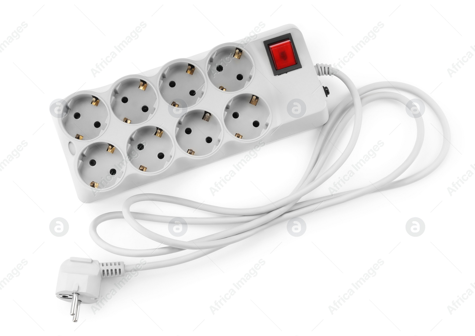 Photo of Power strip with extension cord on white background, top view. Electrician's equipment