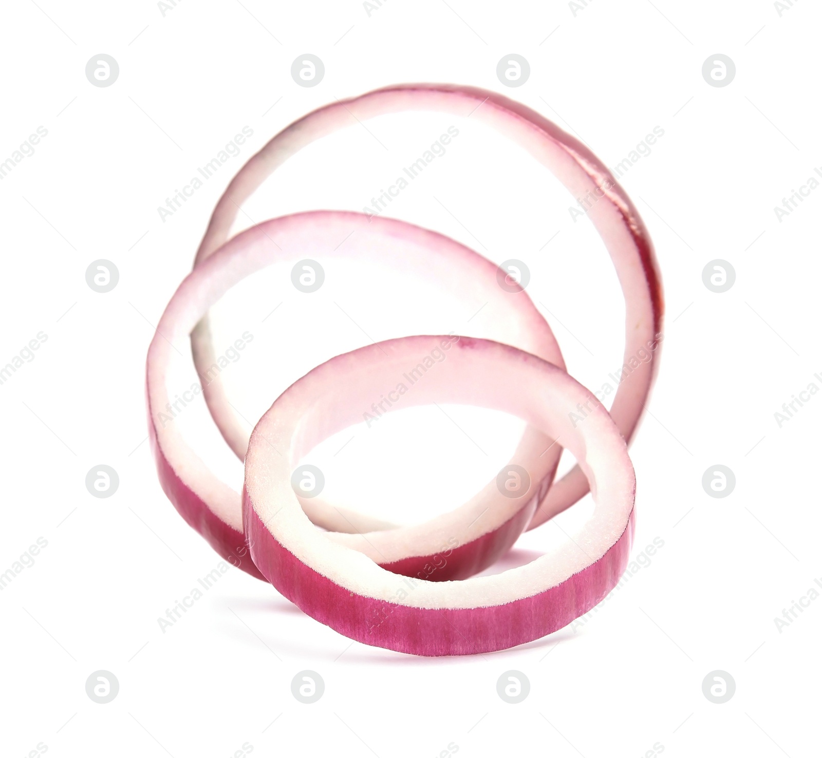 Photo of Fresh slices of red onion on white background