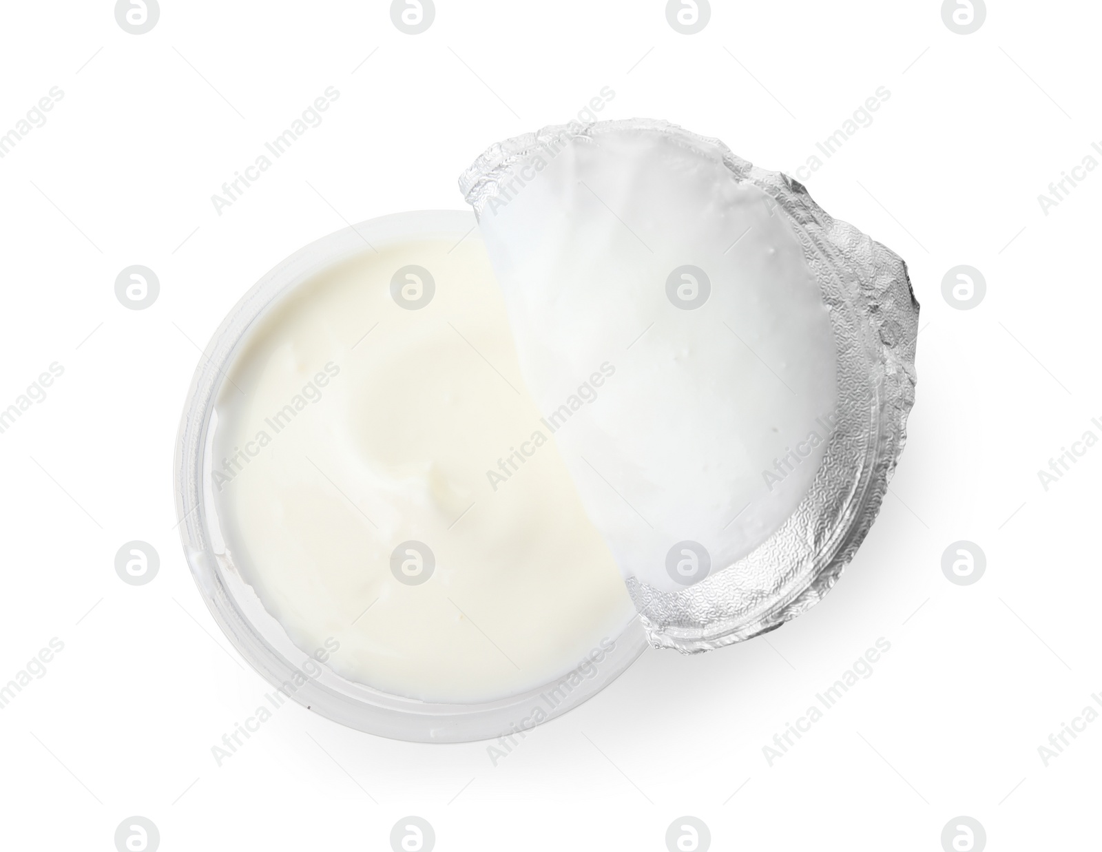 Photo of Plastic cup with creamy yogurt on white background, top view