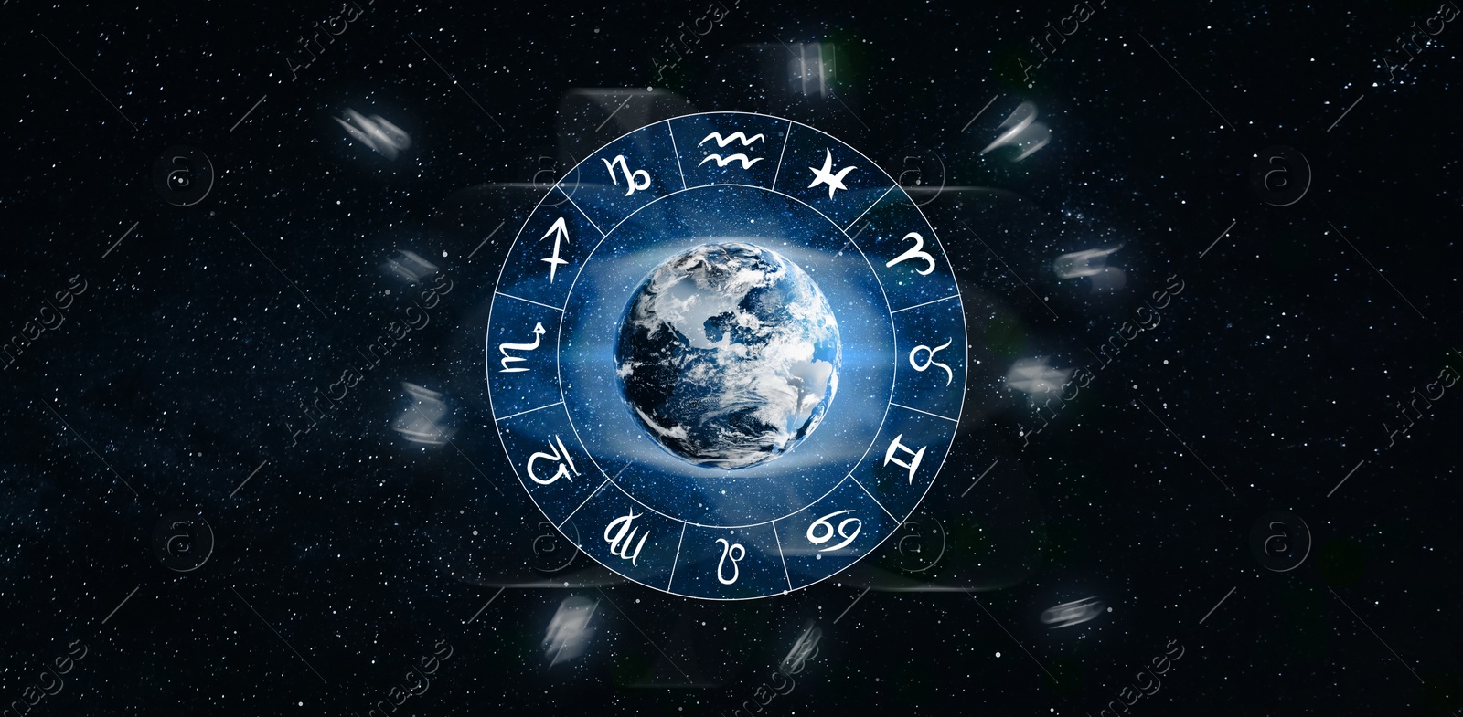 Image of Zodiac wheel with astrological signs around Earth in open space, illustration