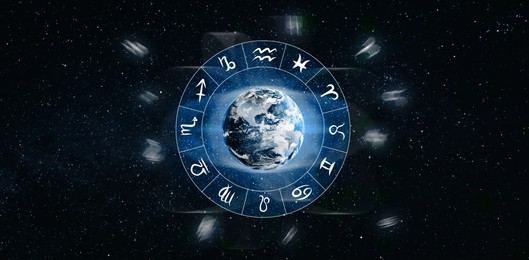 Image of Zodiac wheel with astrological signs around Earth in open space, illustration