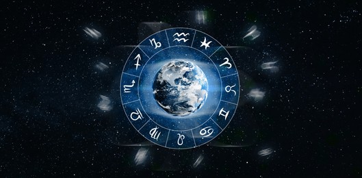 Zodiac wheel with astrological signs around Earth in open space, illustration