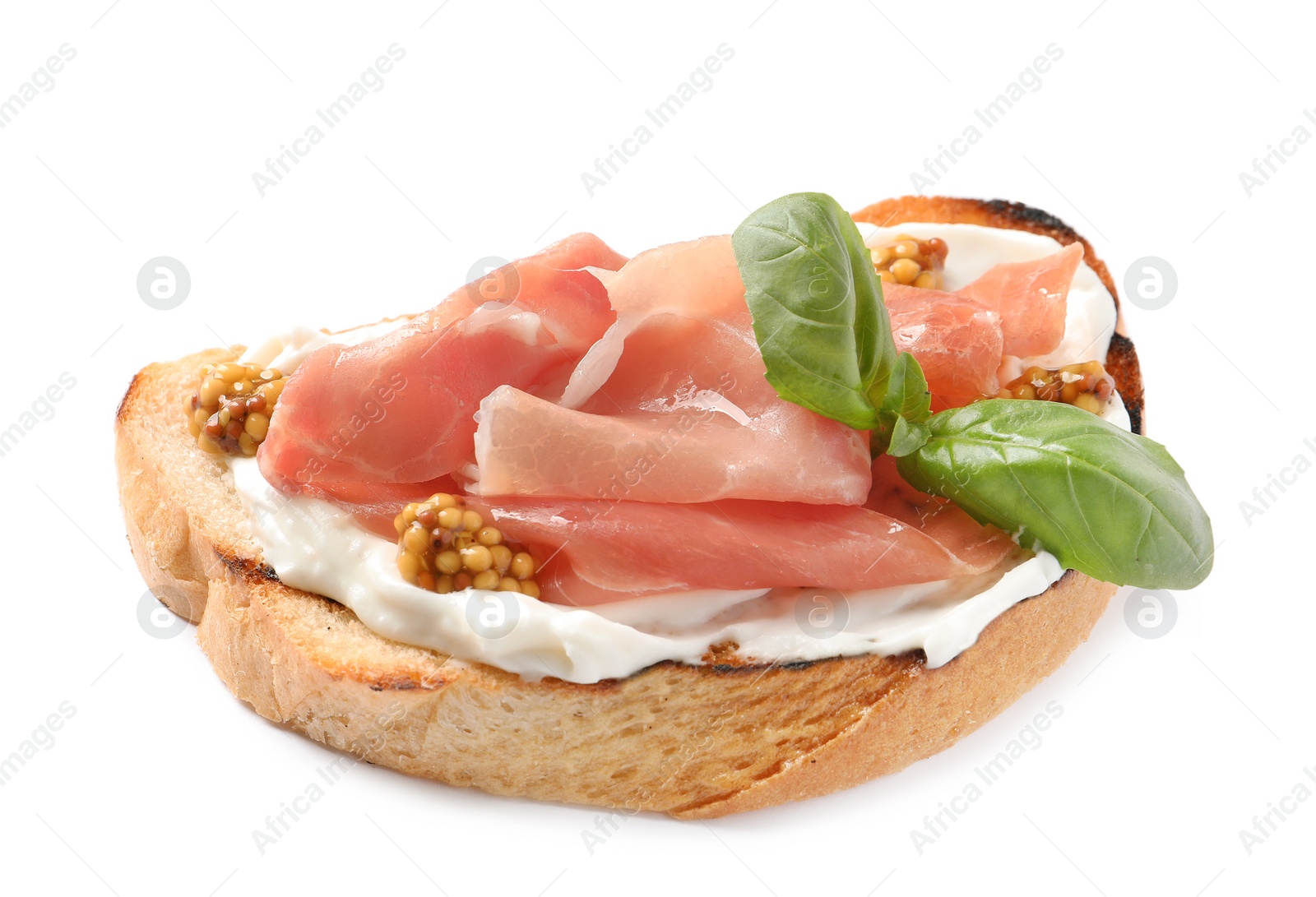 Photo of Tasty bruschetta with prosciutto and mustard on white background