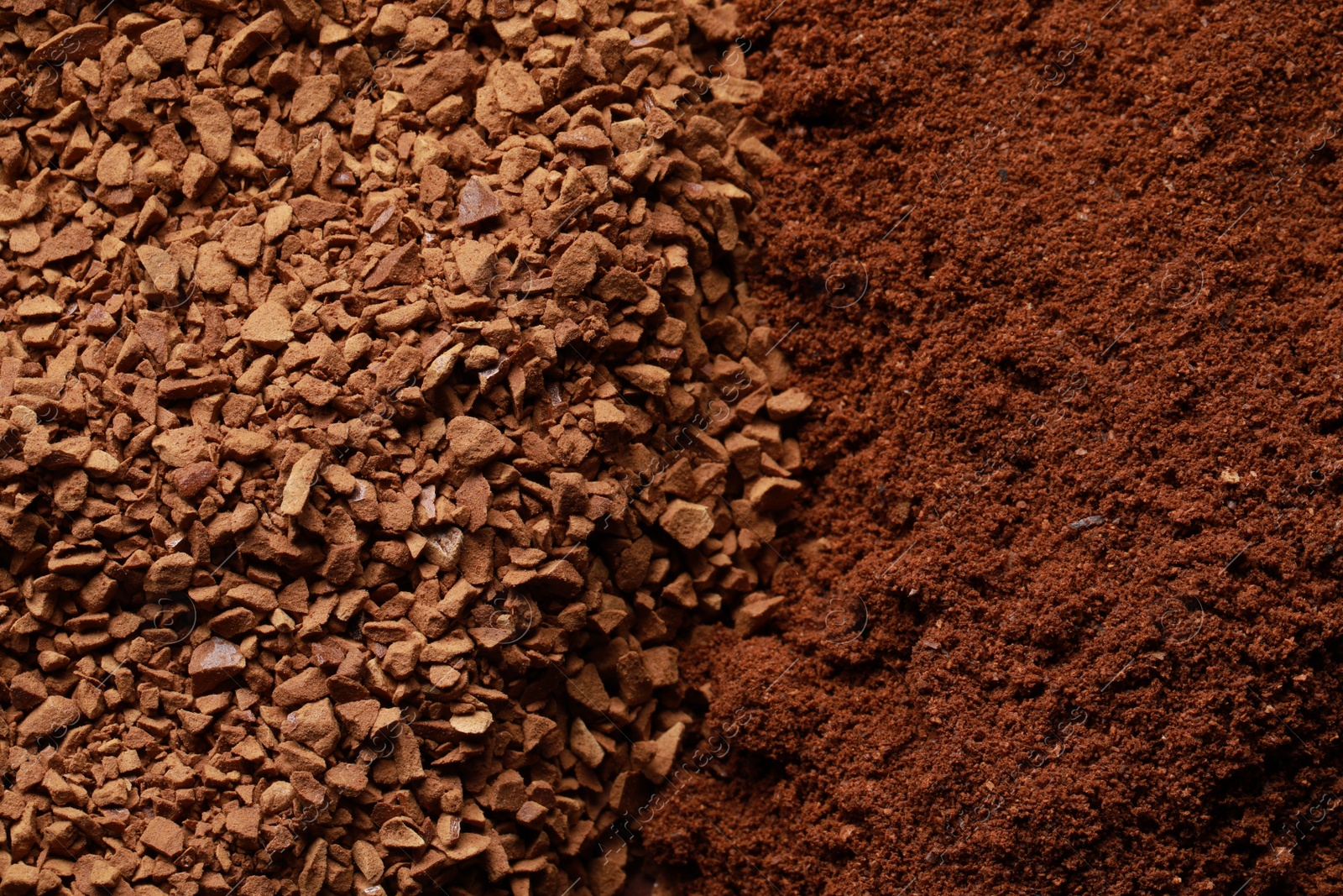 Photo of Different types of coffee as background, top view