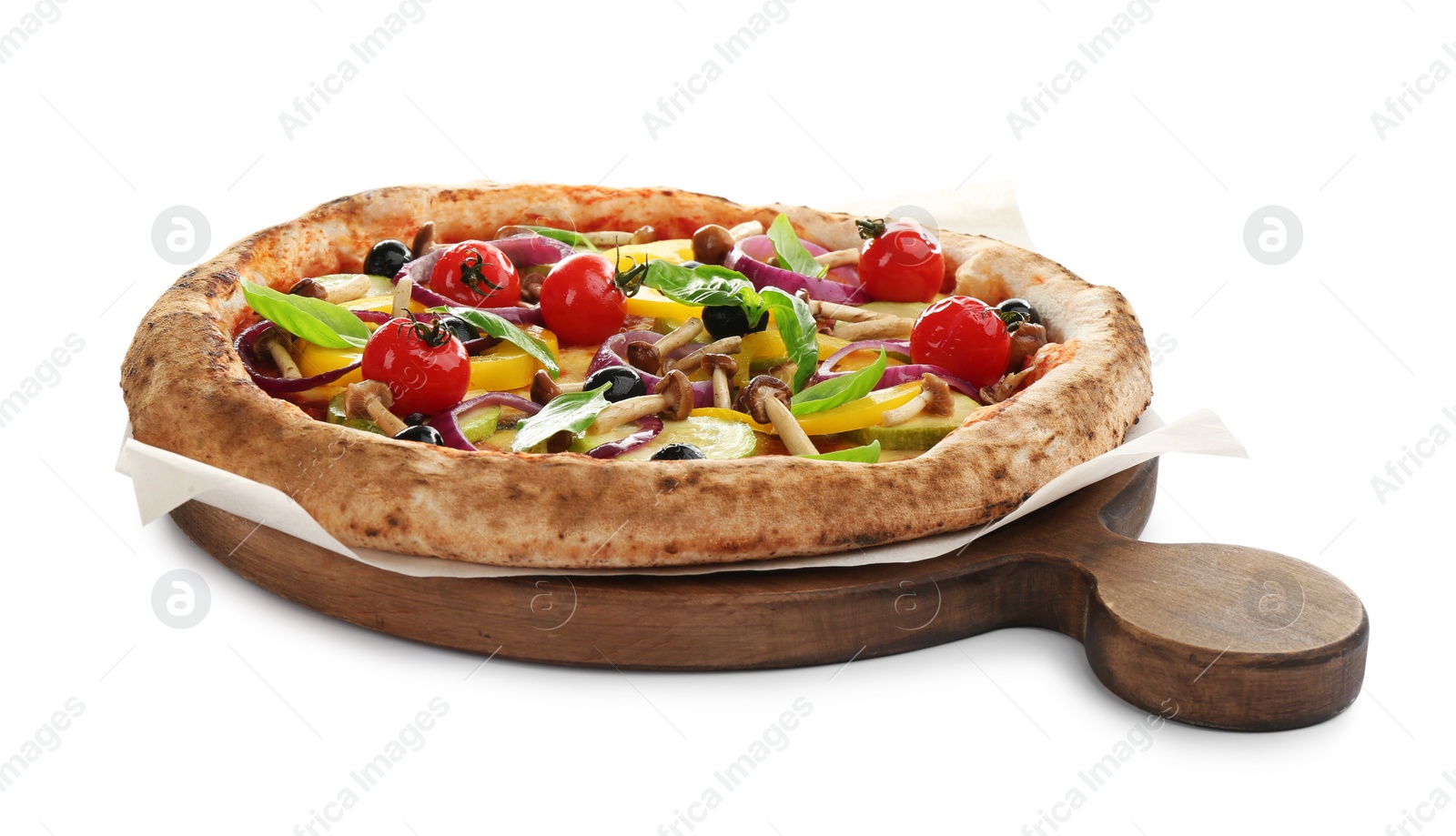 Photo of Delicious hot vegetable pizza on white background