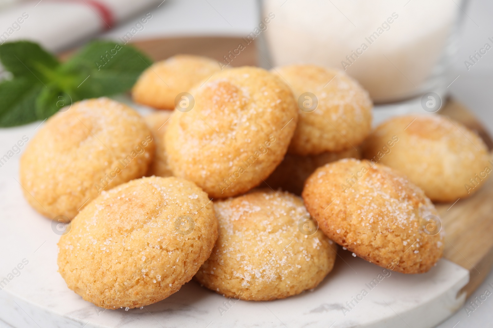 Photo of Tasty sweet sugar cookies on table, closeup