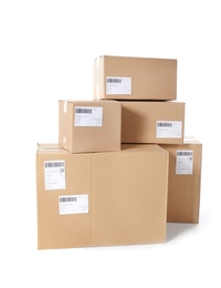 Photo of Cardboard parcel boxes on white background. Mockup for design