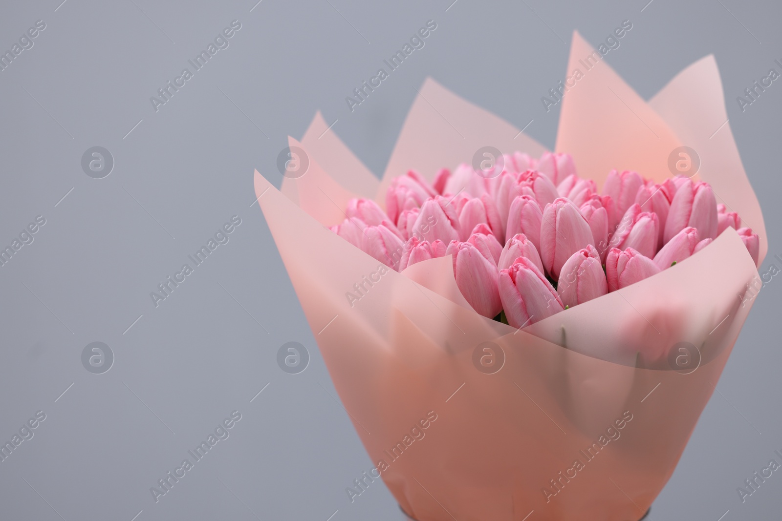 Photo of Bouquet of beautiful pink tulips on light grey background, closeup. Space for text