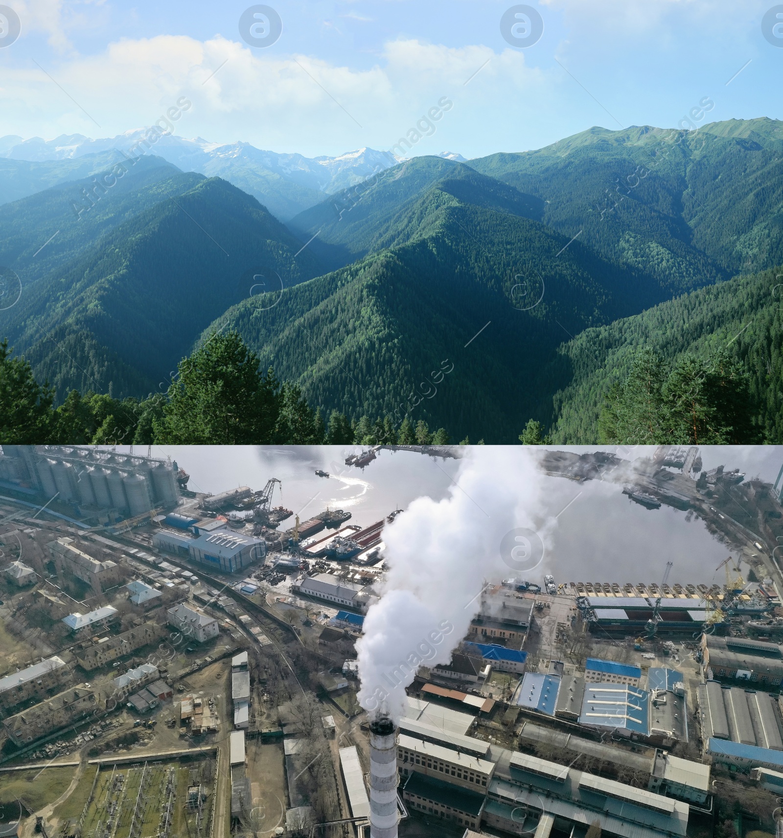 Image of Environmental pollution. Collage divided into mountain landscape and aerial view on industrial factory with emissions