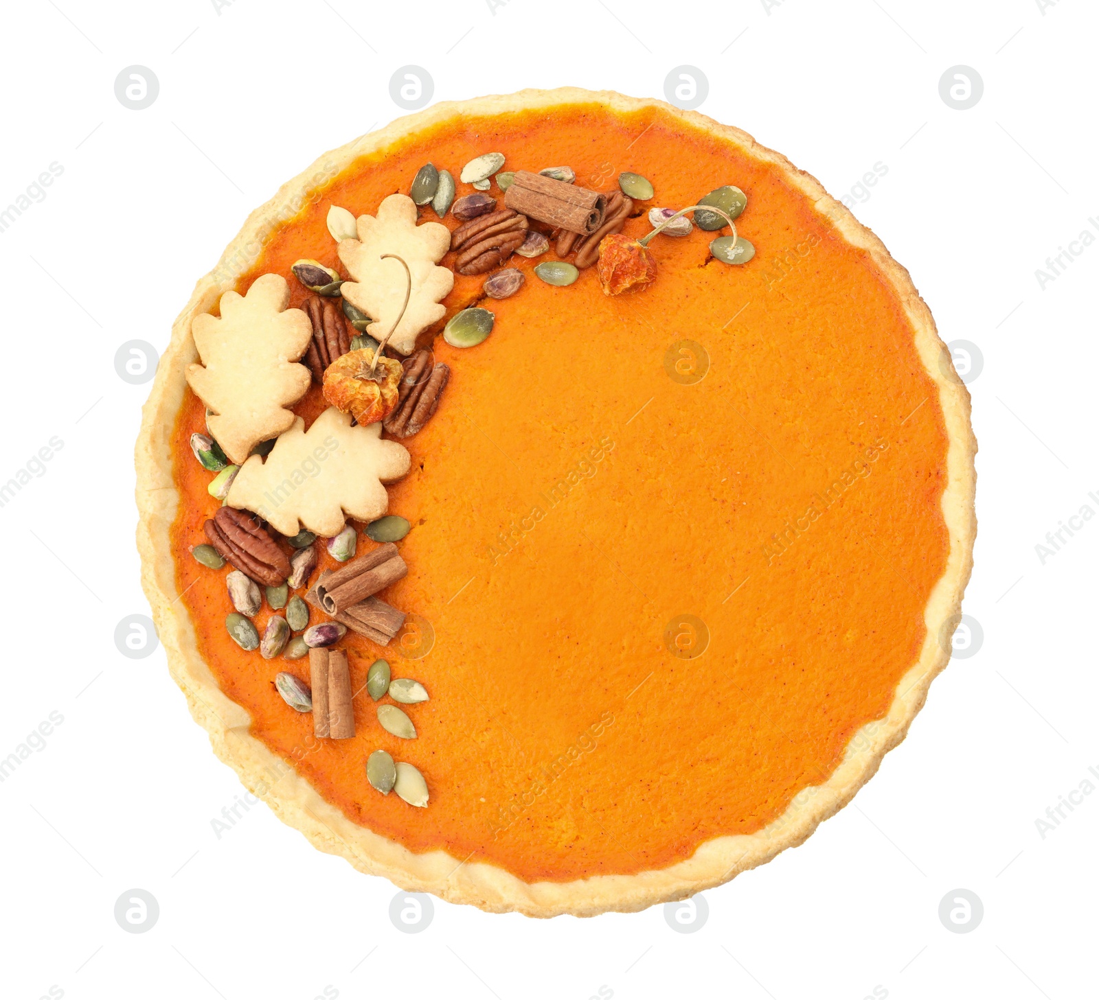 Photo of Delicious homemade pumpkin pie isolated on white, top view