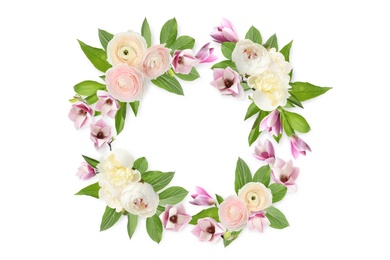 Image of Wreath made of beautiful flowers on white background