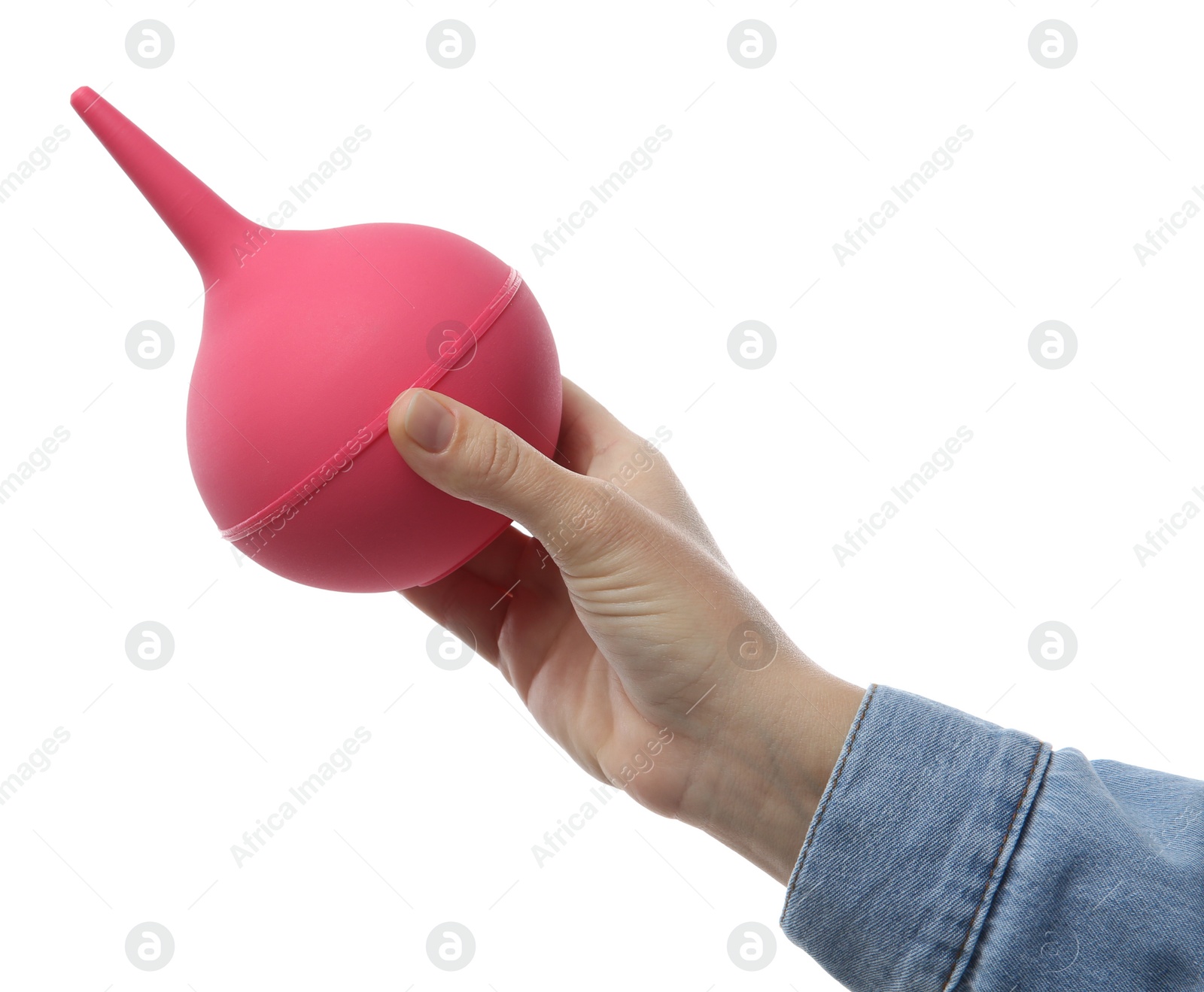 Photo of Woman holding pink enema on white background, closeup