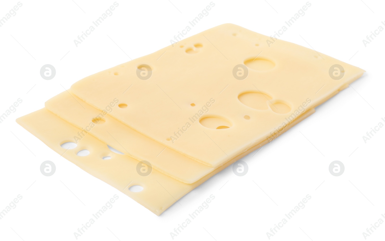 Photo of Slices of tasty fresh cheese isolated on white