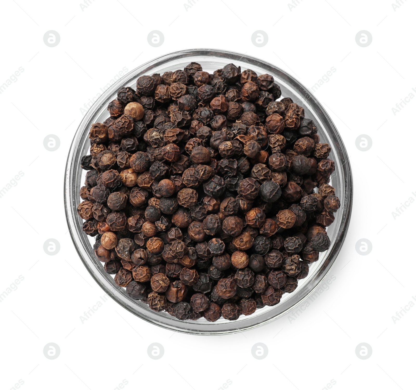 Photo of Aromatic spice. Many black peppercorns in bowl isolated on white, top view