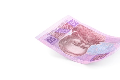 Photo of 50 Ukrainian Hryvnia banknote on white background