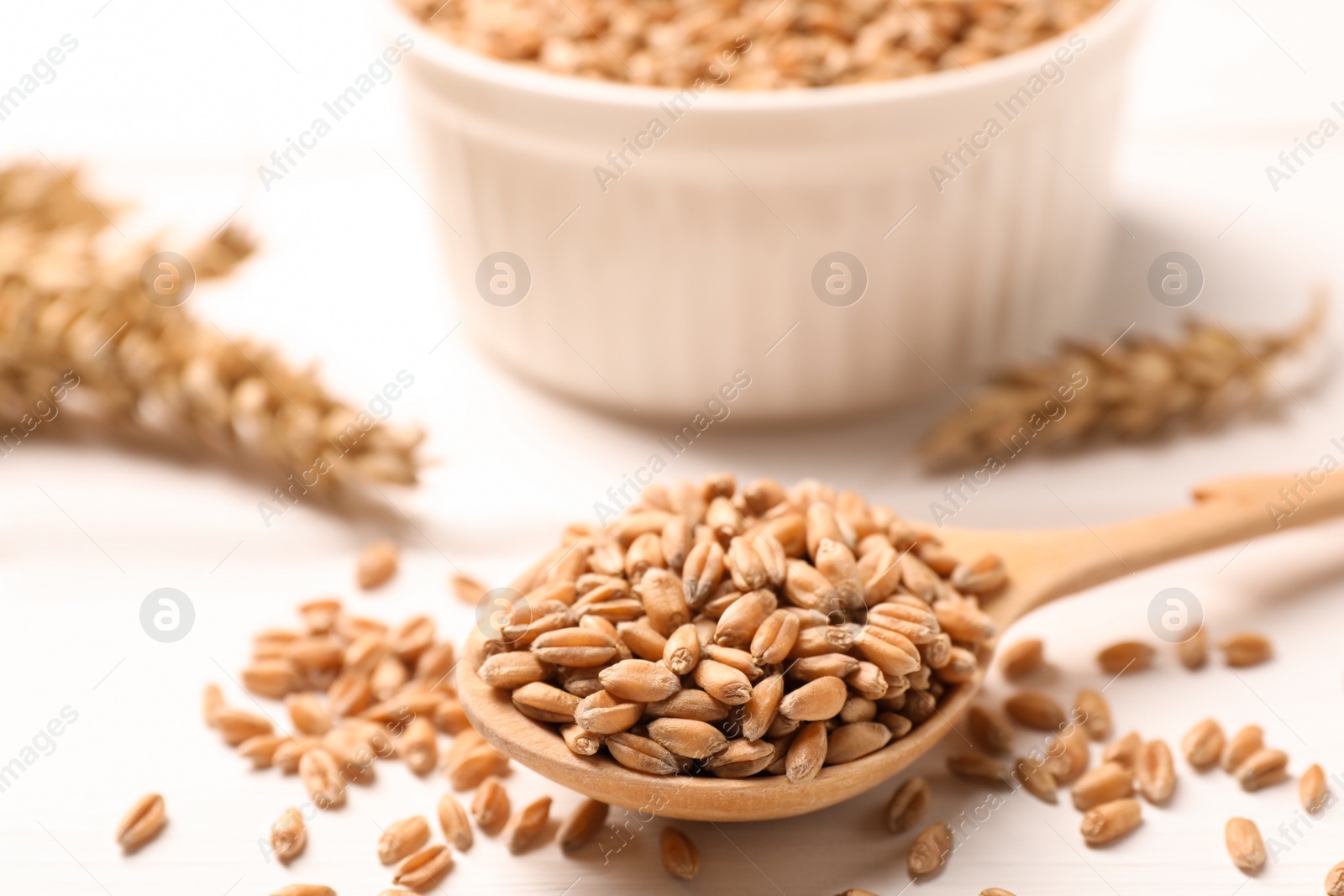 Photo of Spoon of wheat grains on white wooden table, closeup