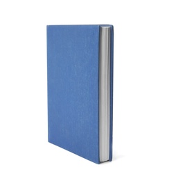 Book with blank blue cover on white background