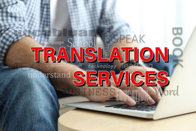 Image of Translation services. Man working on modern laptop at wooden table indoors, closeup