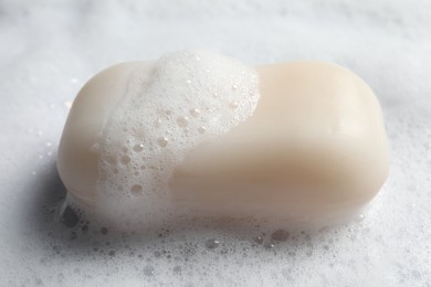 Closeup view of soap and fluffy foam