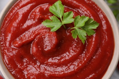 Organic ketchup and parsley in bowl, top view. Tomato sauce